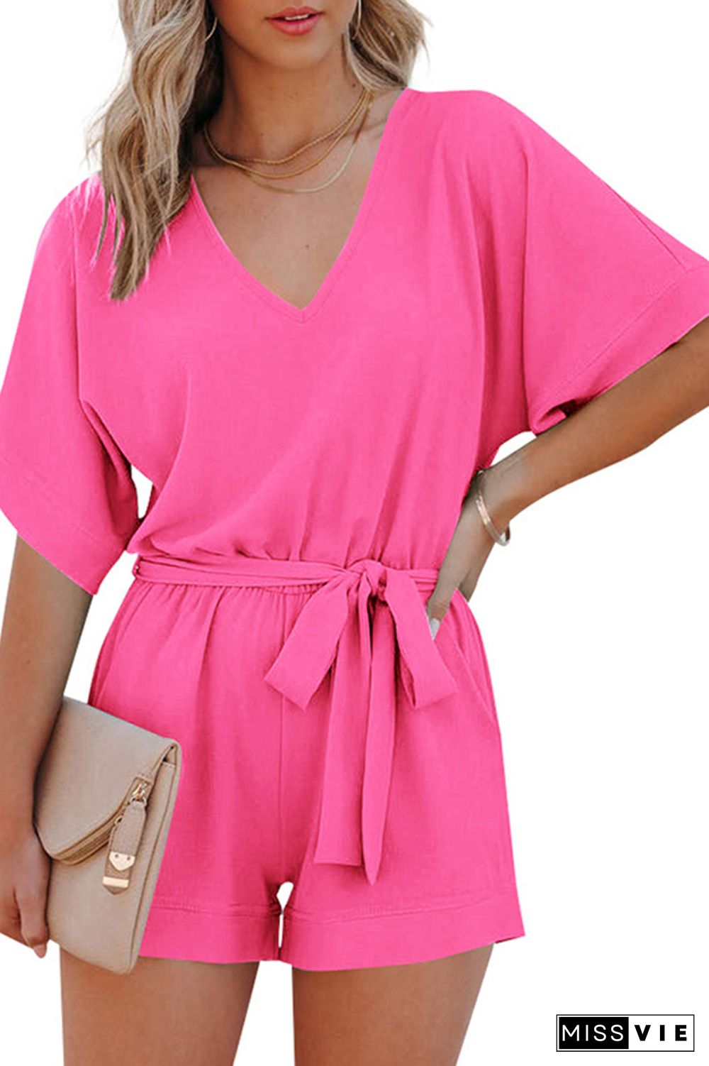 V-neck Short Sleeve Tie Waist Romper Wholesale