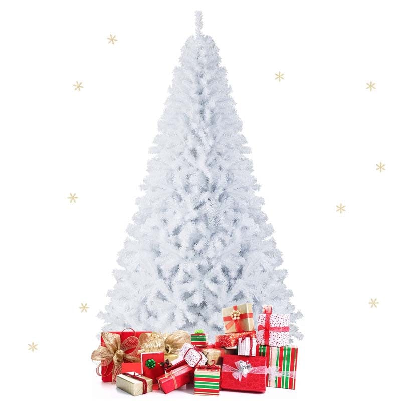 6/7.5/9FT White Hinged Artificial Christmas Tree, Premium Unlit Spruce Full Tree with Metal Stand