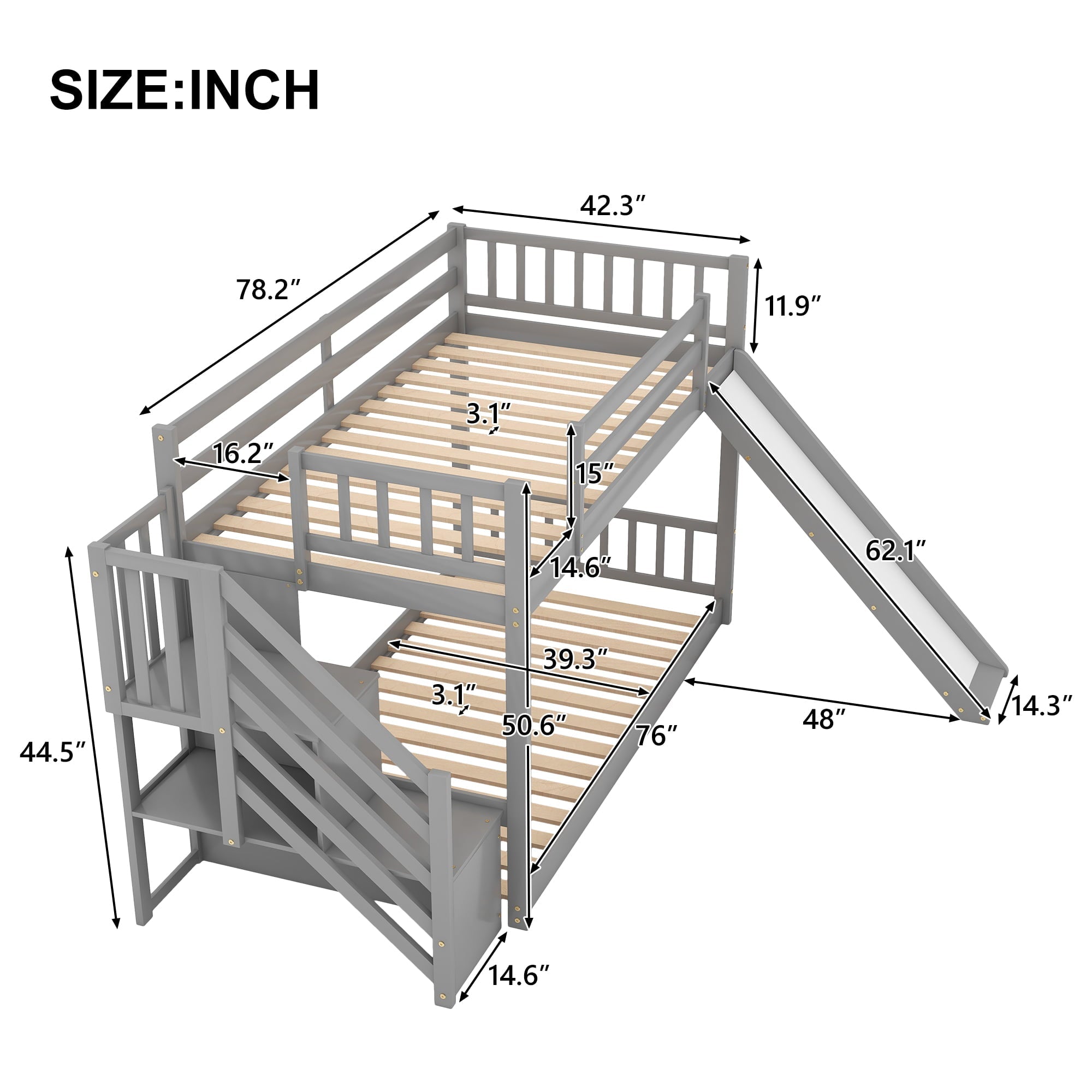 Euroco Twin Over Twin Bunk Bed with Slide and Stairway for Kids, Gray