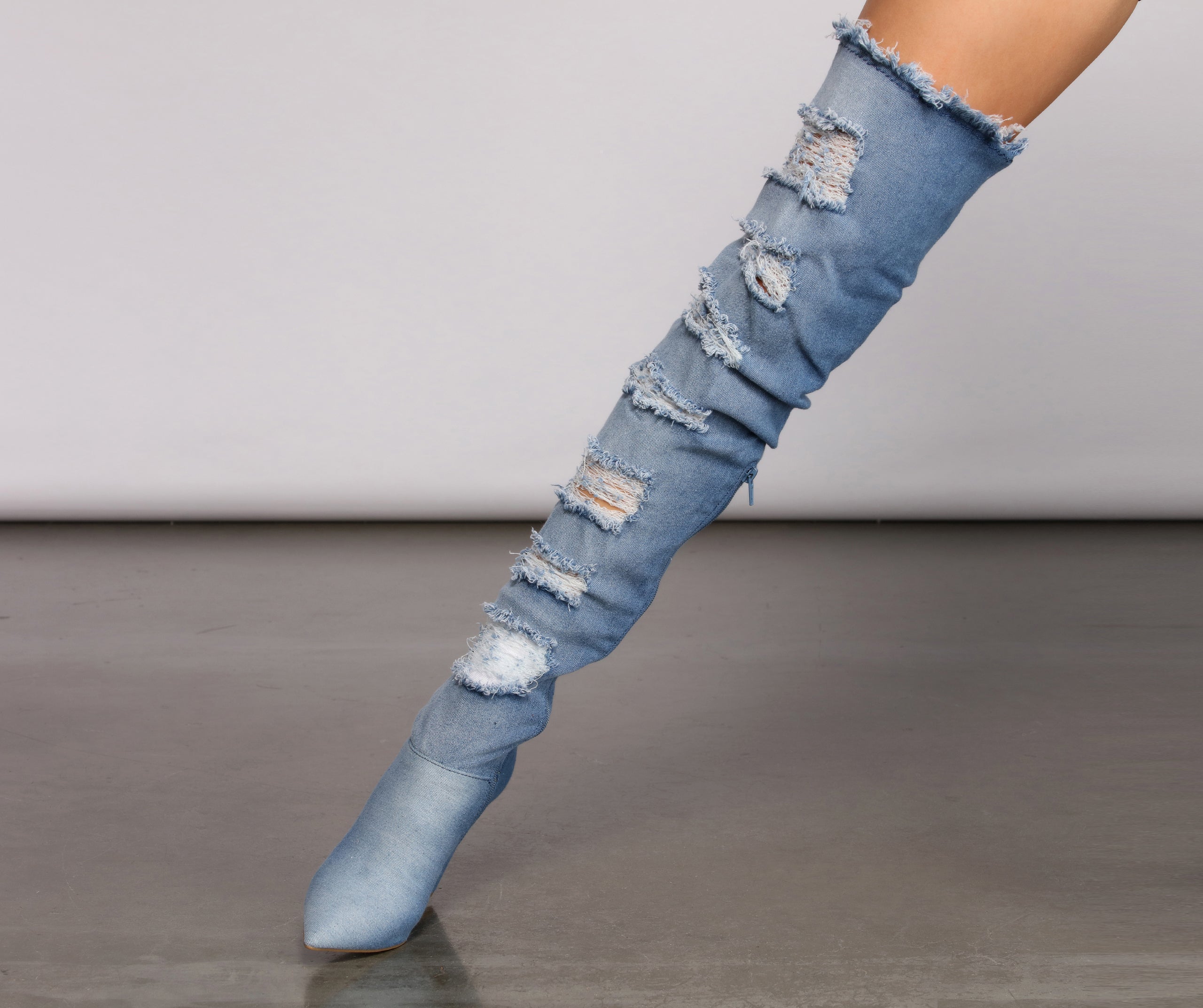 Destructed Denim Over The Knee Heeled Boots