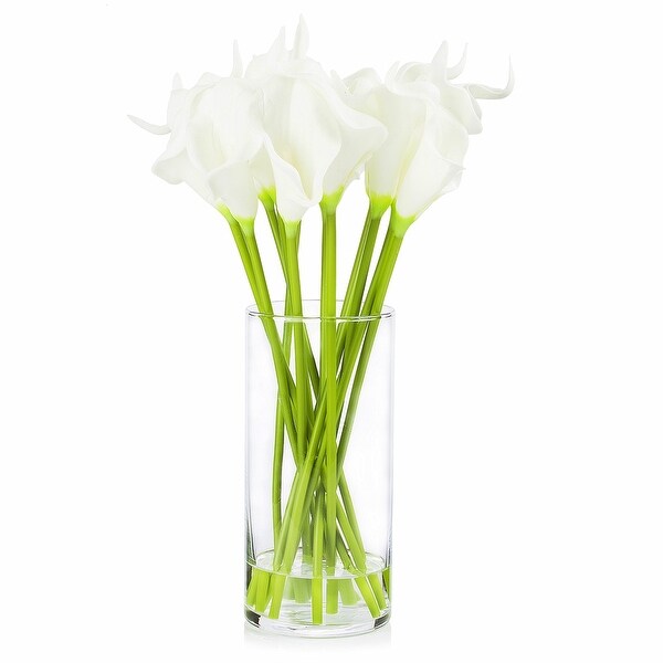 Enova Home Artificial Real Touch Calla Lily Fake Silk Flowers Arrangement in Clear Glass Vase with Faux Water for Decoration