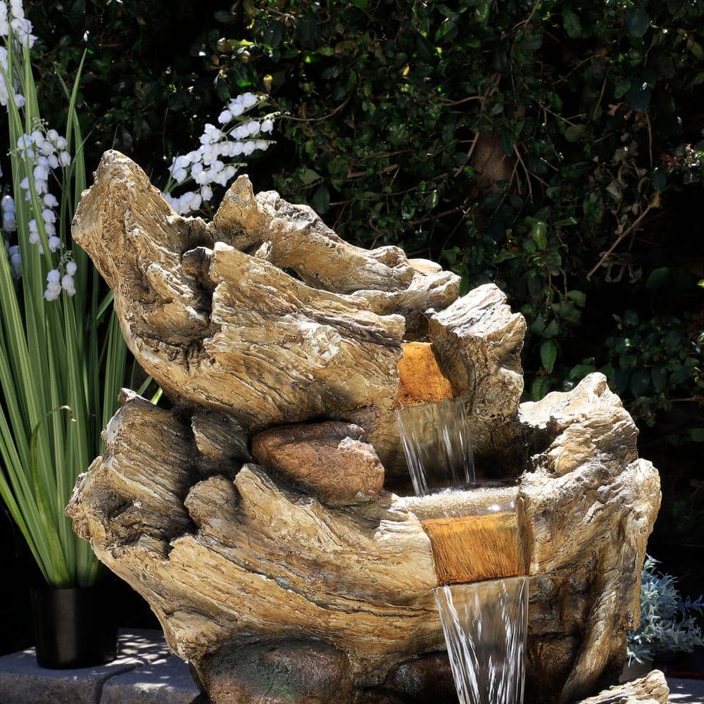 Alpine Corporation 47 in. Tall Outdoor 5-Tier Tree Trunk Waterfall Floor Fountain with LED Lights TZL132