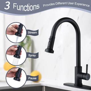 WOWOW Single Handle Deck Mount Gooseneck Pull Down Sprayer Kitchen Faucet Stainless Steel in Matte Black VG2312601B-BHHD