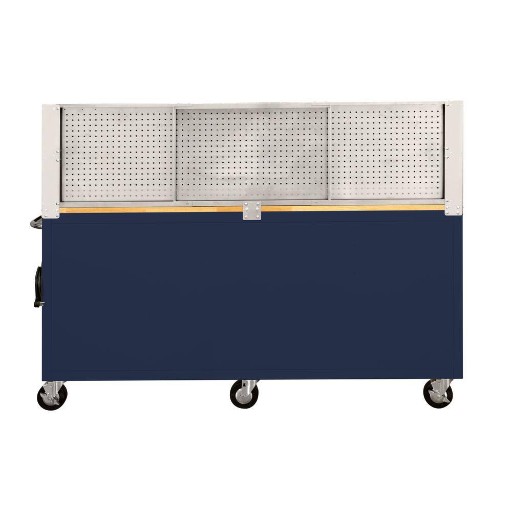 Husky 72 in. W x 24 in. D 18-Drawer Standard Duty Mobile Workbench Tool Chest with Solid Wood Top and Pegboard in Gloss Blue HOTC7218B32M