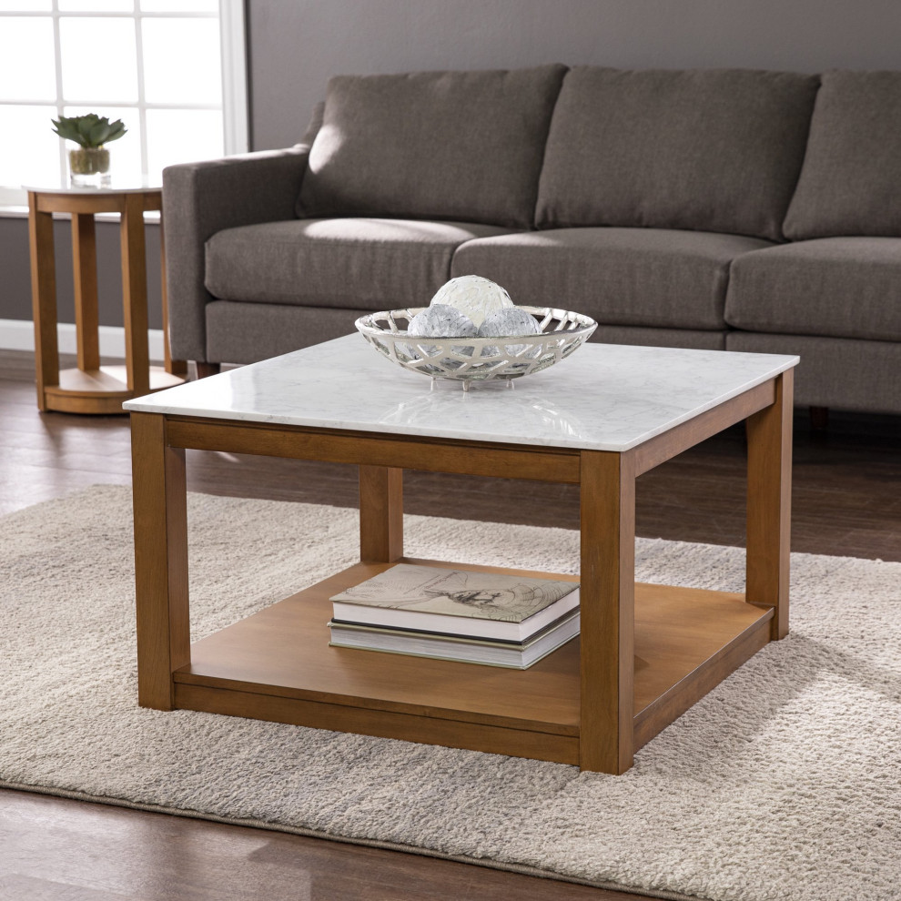 Transitional Coffee Table  Square Design With Open Shelf  White Faux Marble Top   Transitional   Coffee Tables   by Declusia  Houzz