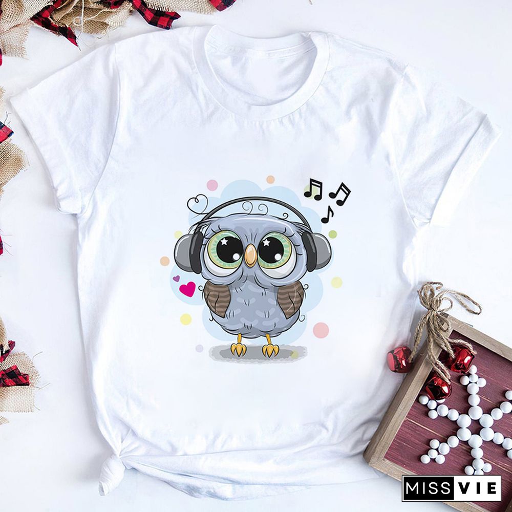 Gothic Women Cute Owl Printed T-Shirt All Seasons Fashion Thin Short Sleeve Tees Harajuku Casual Pink Top Female Clothing Tshirt