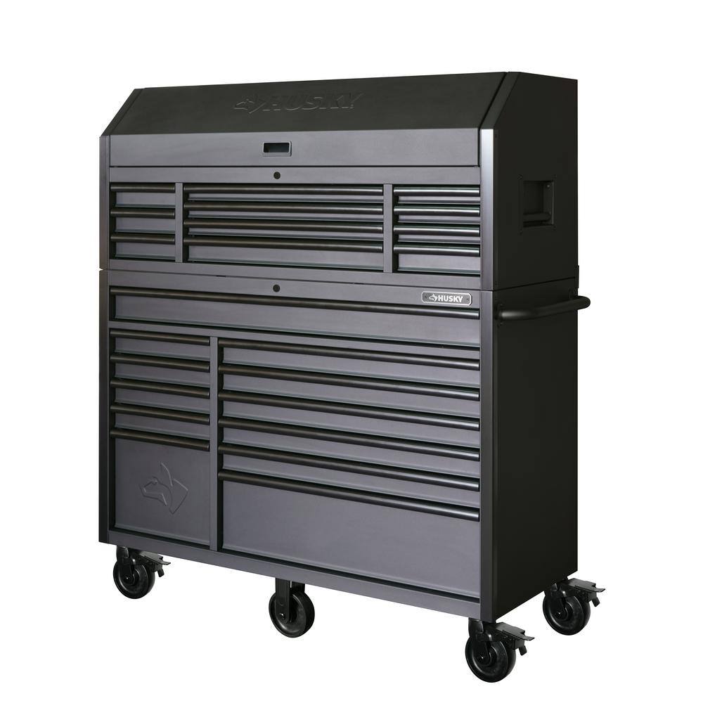 Husky 56 in. W x 22 in. D Heavy Duty 23-Drawer Combination Rolling Tool Chest and Top Tool Cabinet Set in Matte Black HOTC5623BB2S