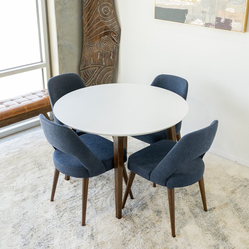 Henny 5 Piece Mid Century Modern Round Dining Set with 4 Linen Dining Chairs in Blue