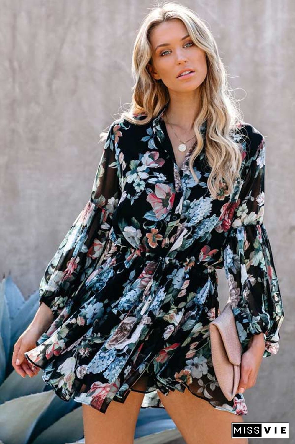 Fashion Floral Print Shirt Dress