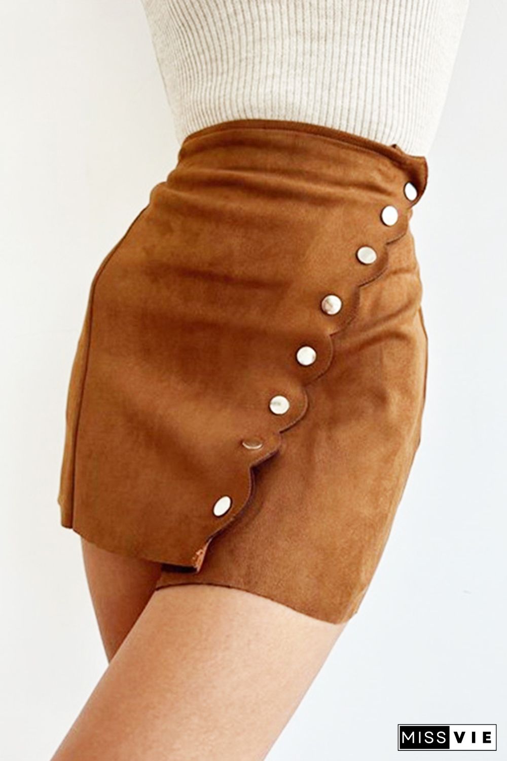 Scallop Edge Buttons Suede Skirt