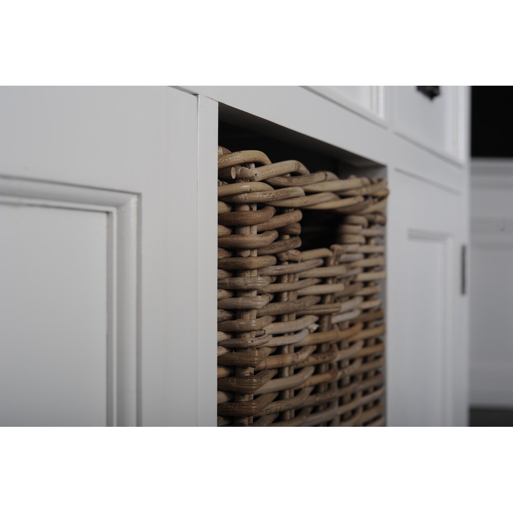 NovaSolo Halifax Coastal White Buffet with 2 Baskets  Solid Mahogany Frame  49.21 x 19.69 x 33.46   49.21 x 19.69 x 33.46