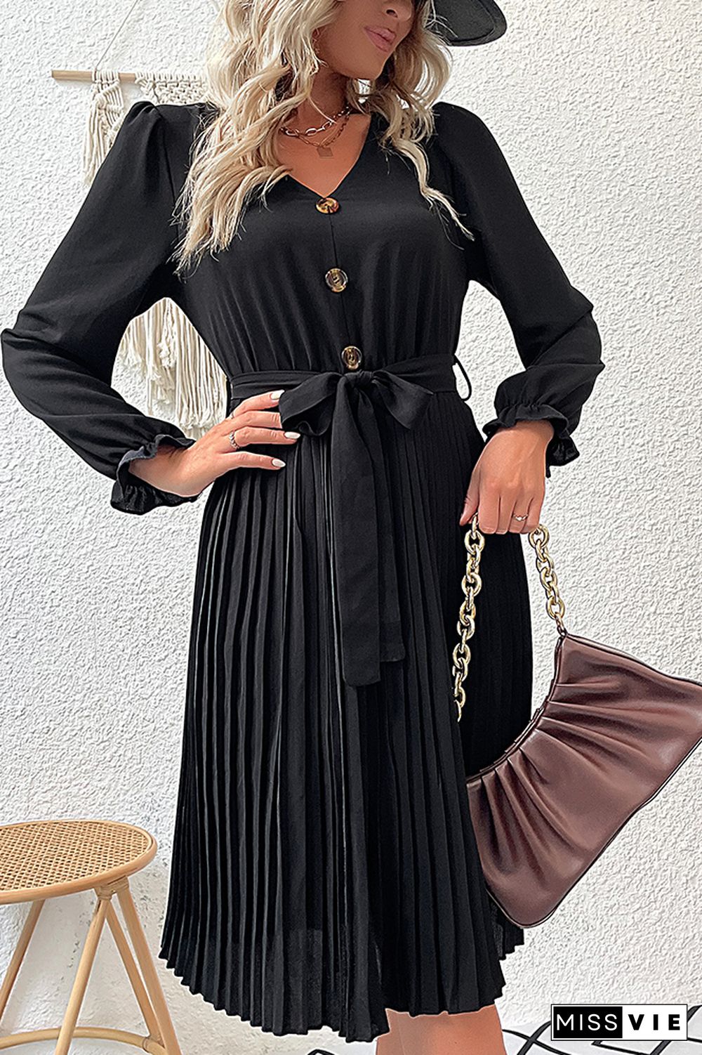 Black V Neck Button Down Pleated Midi Dress