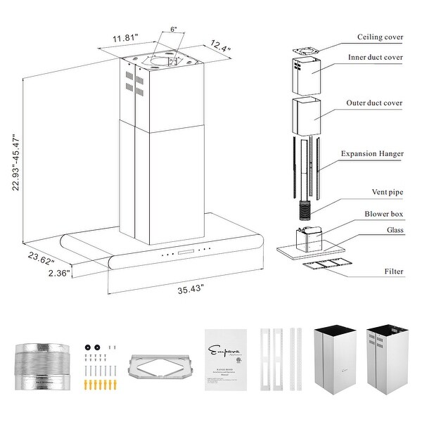 36 in. 400 CFM Island Range Hood - Ducted Exhaust Kitchen Vent - 36