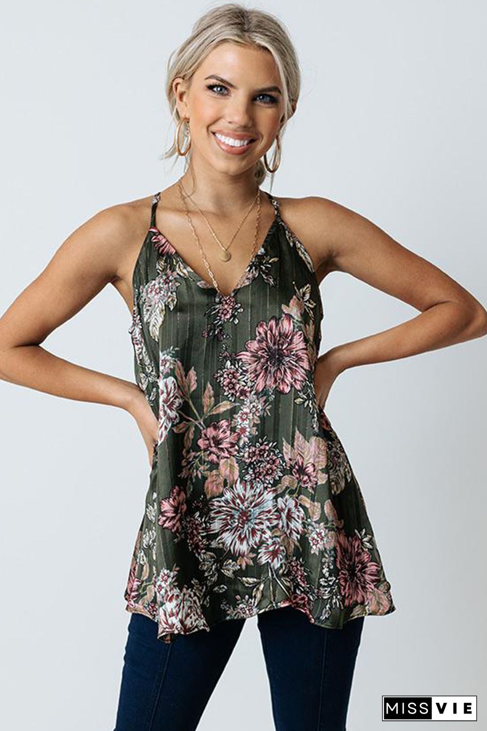 Green Floral Print V Neck Spaghetti Strap Tank Top