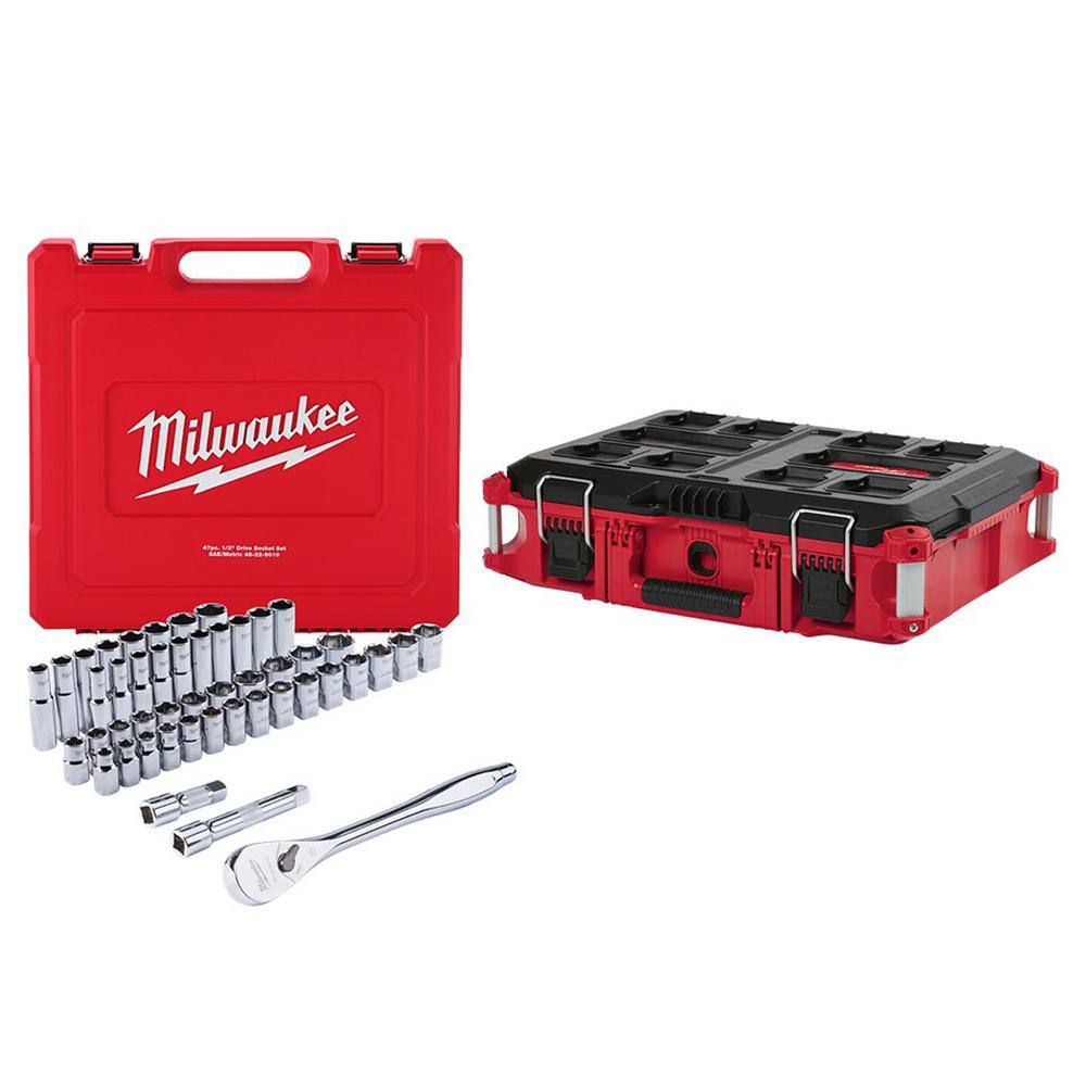 MW 12 in. Drive SAEMetric Ratchet and Socket Mechanics Tool Set (47-Piece) with PACKOUT 22 in. Tool Box 48-22-9010-48-22-8424