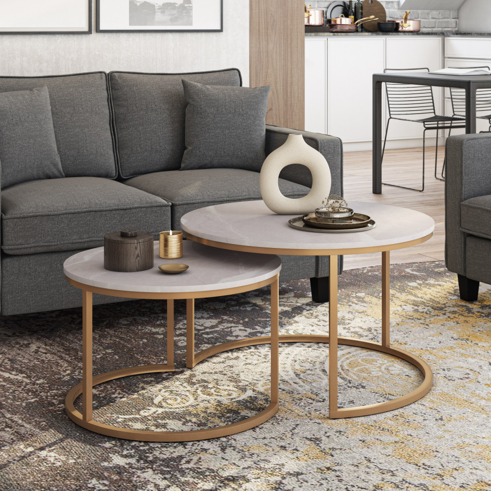 Fort Worth Gold Metal Leg Round Marbled Finish Nesting Coffee Tables   Contemporary   Coffee Table Sets   by CorLiving Distribution LLC  Houzz