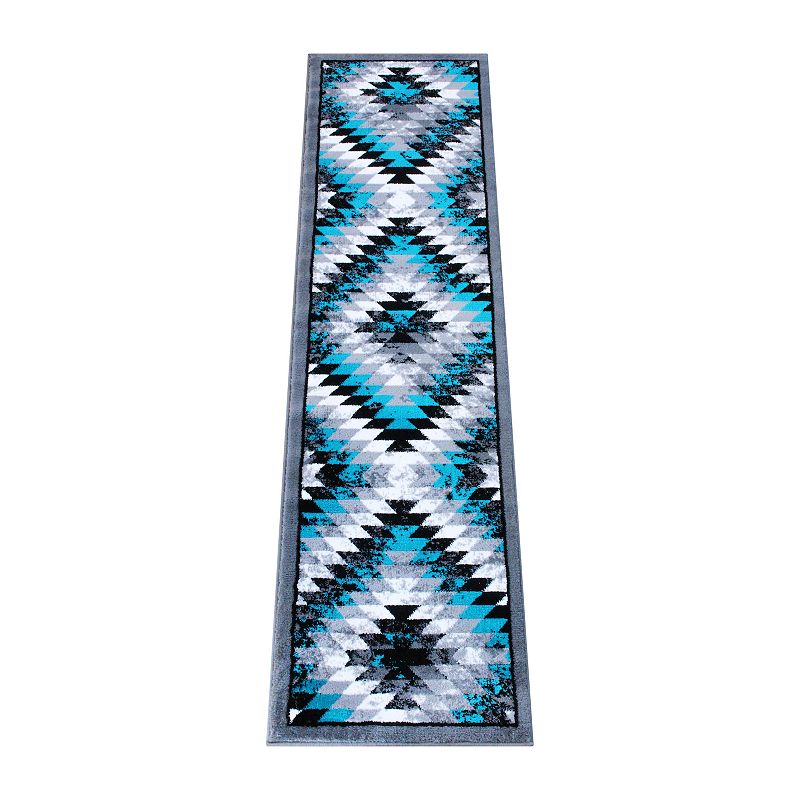 Masada Rugs Masada Rugs Stephanie Collection 2'x7' Area Rug Runner with Distressed Southwest Native American Design 1106 in Turquoise， Gray， Black and White