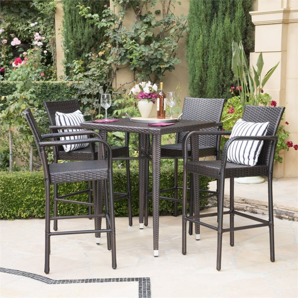 Noble House Colbin Outdoor 5 Pc Multi Brown Wicker 32.5 quotSquare Bar Table Set   Tropical   Outdoor Dining Sets   by Homesquare  Houzz