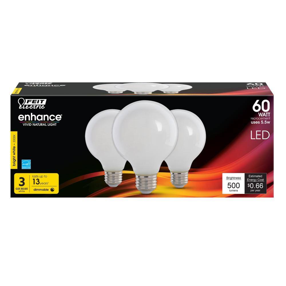 Feit Electric 60-Watt Equivalent G25 Dimmable Filament ENERGY STAR White Glass LED Light Bulb Bright White 3000K (3-Pack) G2560W930CAFIL3RP