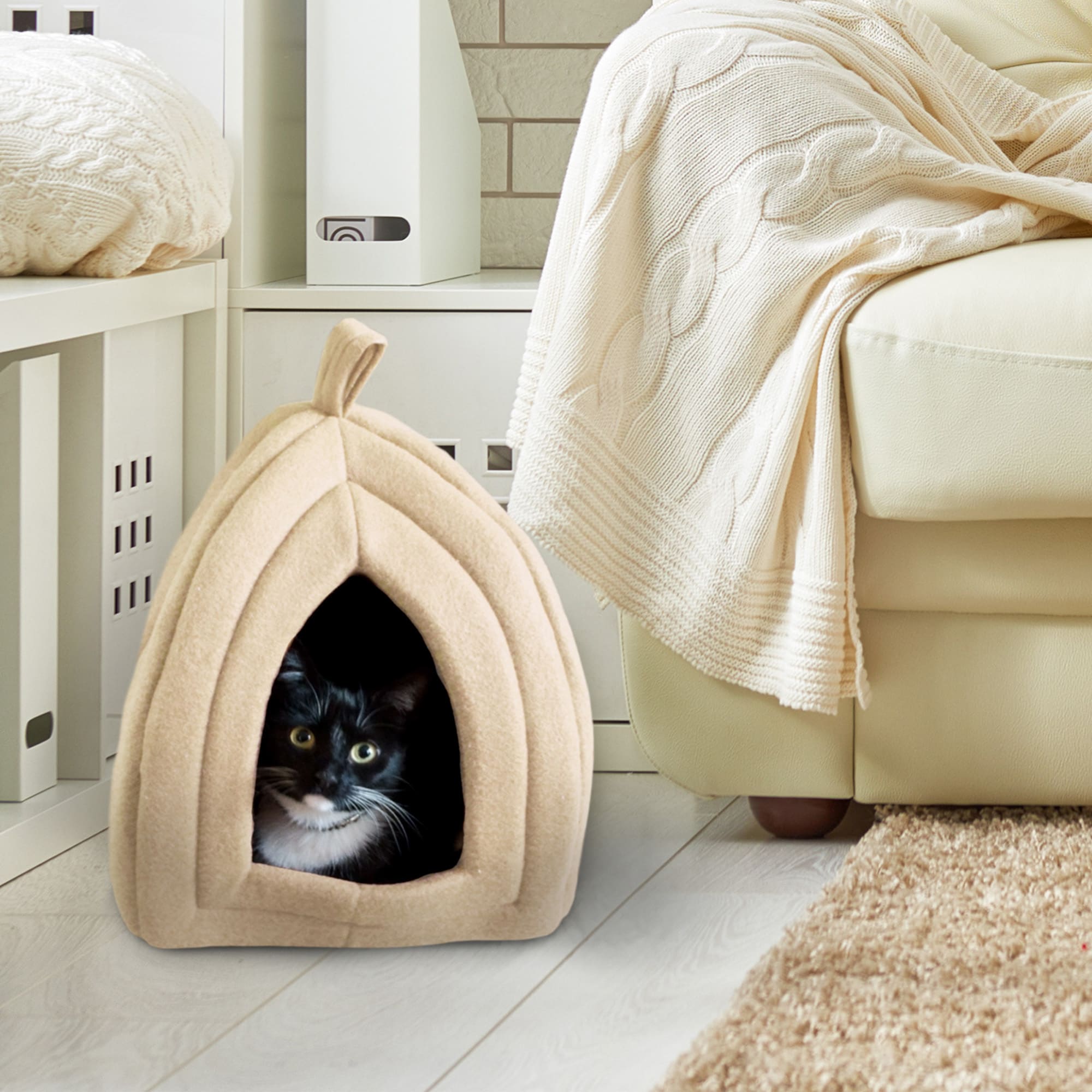 Pet Adobe Tan Soft Enclosed Igloo Tent Cat Bed