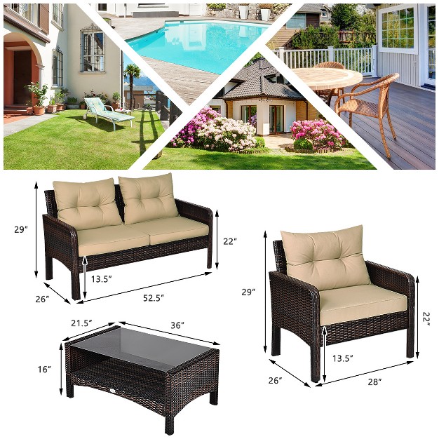 Tangkula 4 Pieces Patio Conversation Set Rattan Wicker Loveseat Sofa Coffee Table amp Glass Top