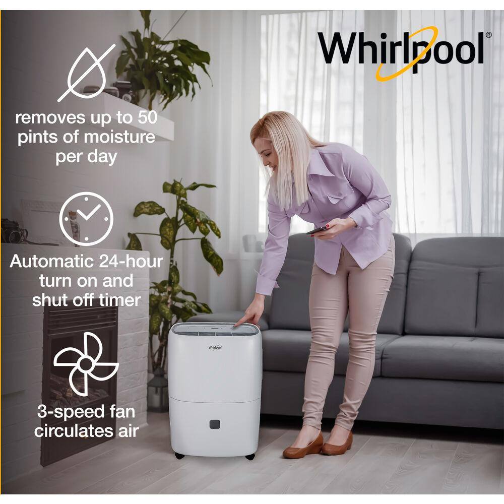 Whirlpool 50-Pint Portable Dehumidifier with 24-Hour Timer Auto Shut-Off Easy-Clean Filter Auto-Restart and Wheels WHAD501CW