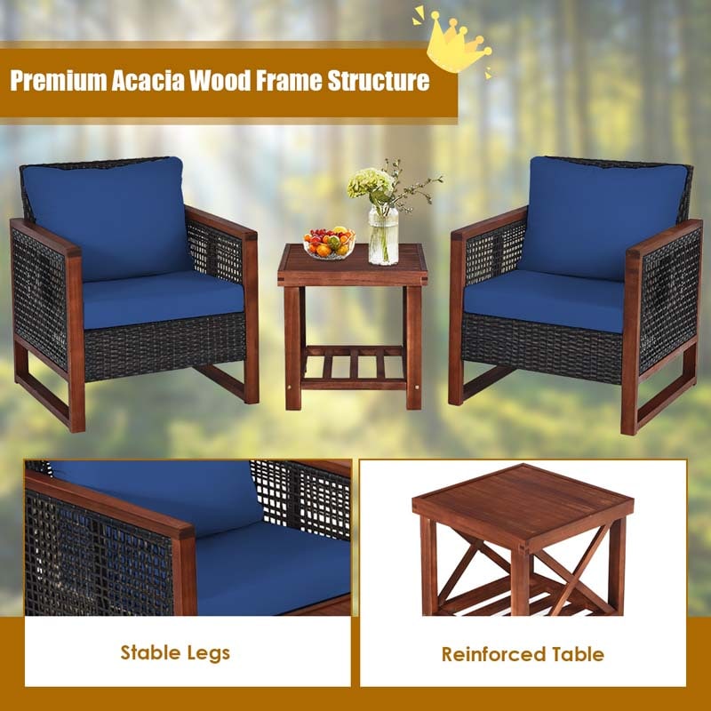 3 Pcs Rattan Patio Furniture Sofa Set Outdoor Conversation Bistro Set with Acacia Wooden Frame & Cushions