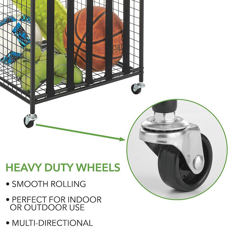 mDesign Metal Rolling Sports Equipment Storage Holder Rack with 4 Wheels