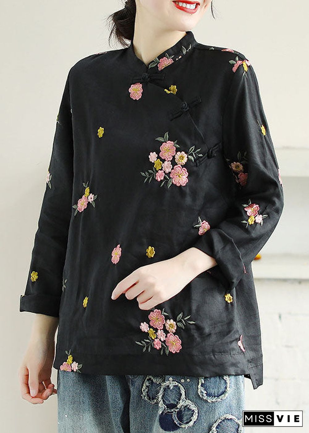 Black Patchwork Linen Shirt Top Embroideried Chinese Button Spring