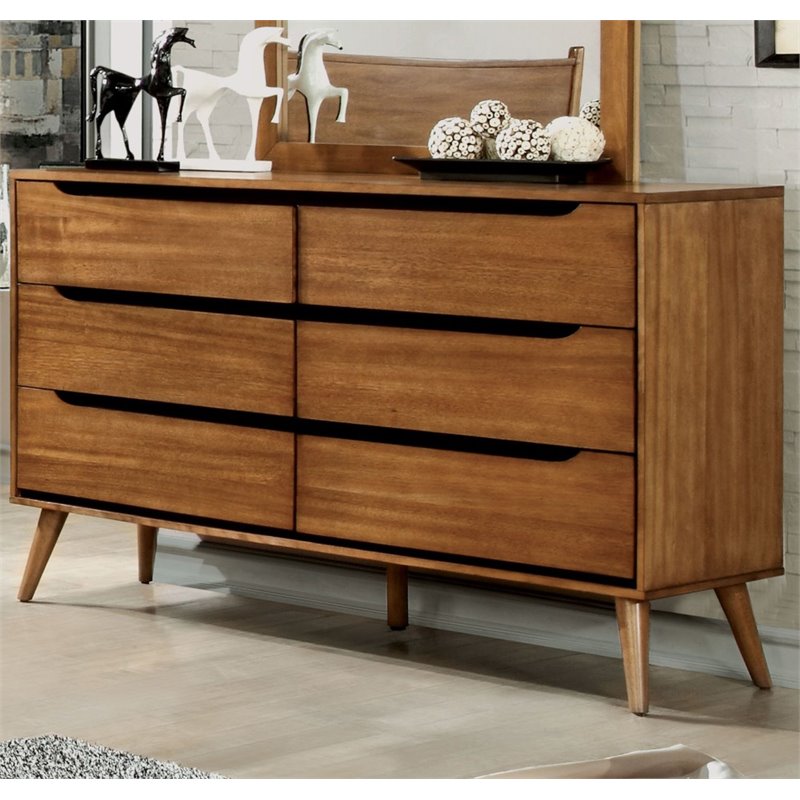 Furniture of America Belkor Mid-Century Modern Wood 6-Drawer Dresser in Oak