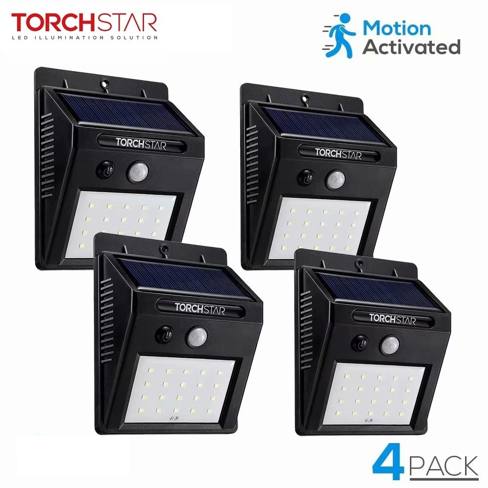 TorchStar Led Solar Motion Sensor Lights， Wireless Outdoor Wall Lights， Outdoor Security Wall Mount Light， Black， Pack of 4