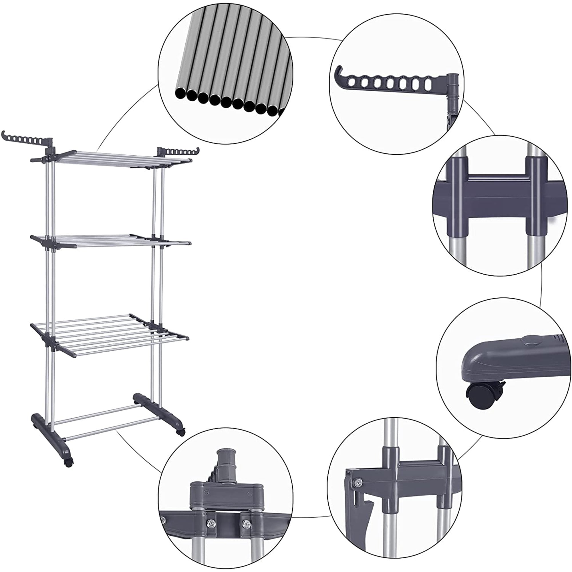 Bigzzia 3 Tiers Clothing Drying Rack,Stainless Steel Shoe Rack with Casters,Shelf for Storage,Stainless Steel Hanging Rods,Removable Drying Rack for Indoor and Outdoor Use,Gray.