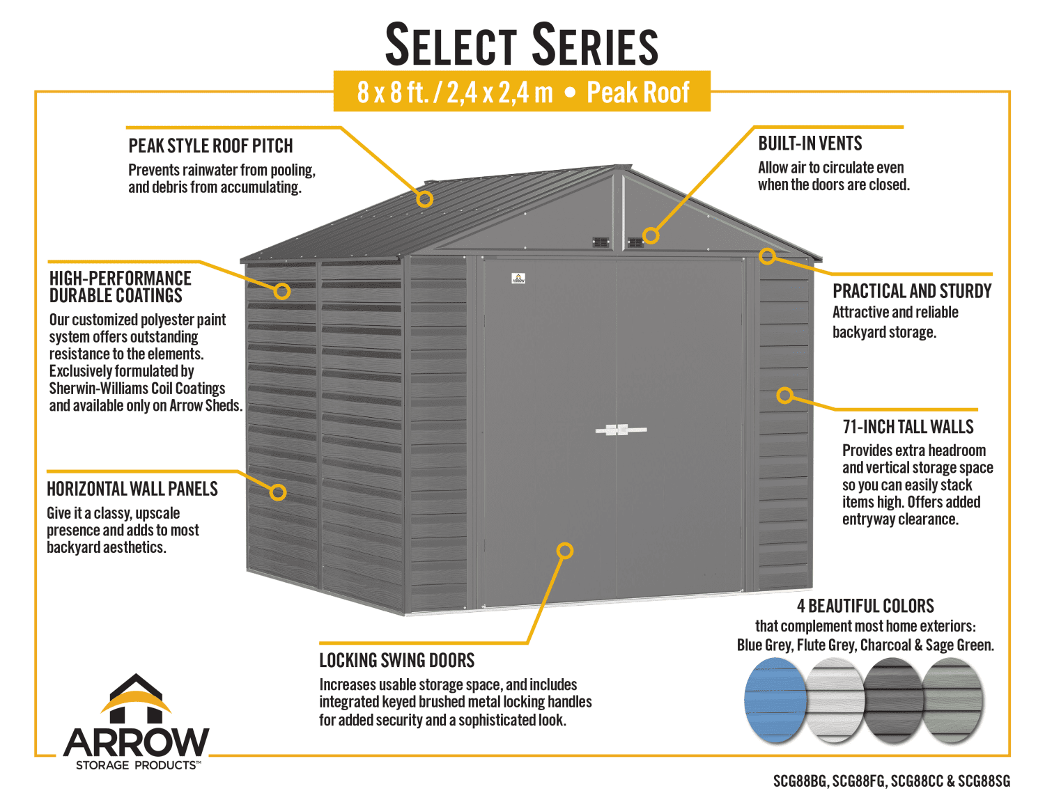 Arrow Select Steel Storage Shed, 8x8, Blue Grey