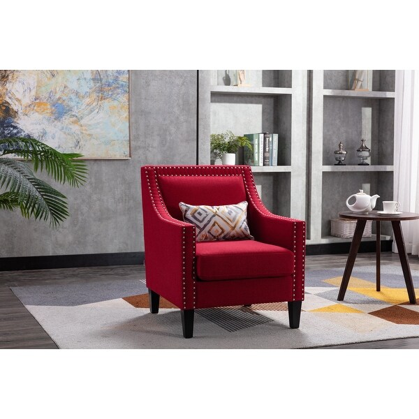 Modern Leisure Curved Edges Barrel Chair with Nailheads and Solid Wood Legs， Upholstered with Linen Fabric