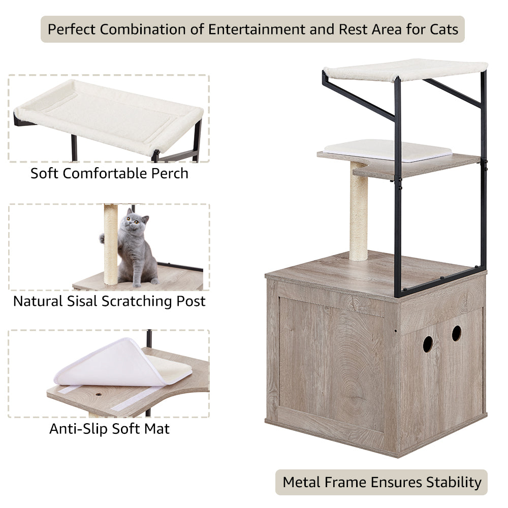 Unipaws Cat Litter Box Furniture with Cat Tree Tower， Wooden Litter Box Enclosure with Soft Perch， Gray