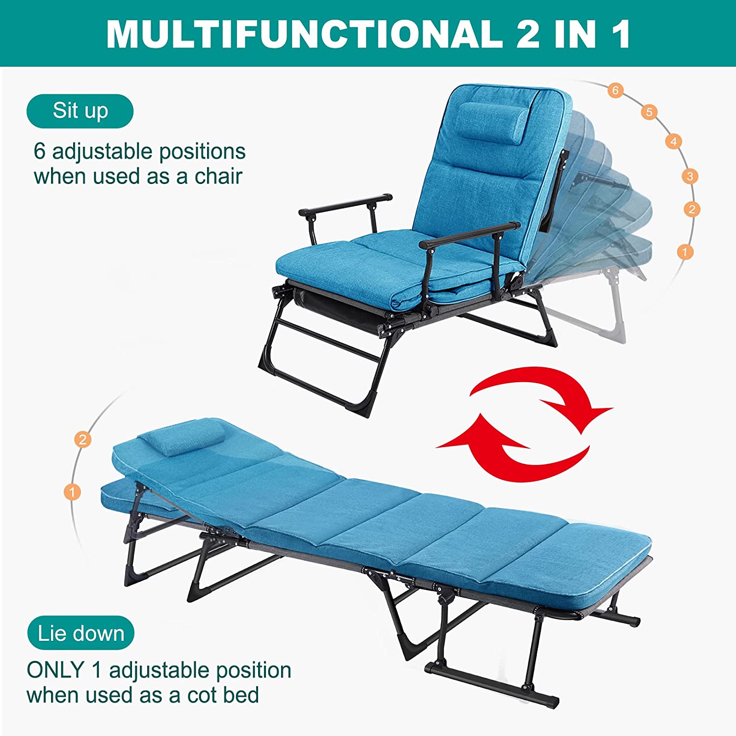 Docred 6-Fold Sleeping Cots for Adults, Folding Bed with 2-Sided Mattress & Pillow, Folding Camping Cot, Rollaway Guest Bed