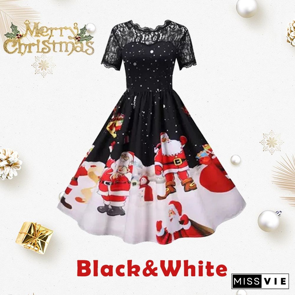 New Fashion Women Lace Santa Claus Snowman 3D Print Christmas Dress Elegant Short Sleeve Pumpkin Castle Halloween Costume Retro Style Knee Length Party Dress