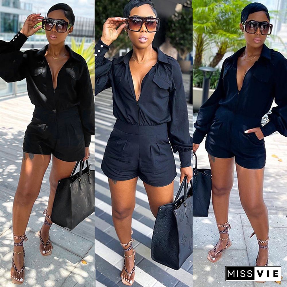 Women Casual Streetwear Solid Color Long Sleeve Zipper Party Club Summer One Piece Cargo Romper