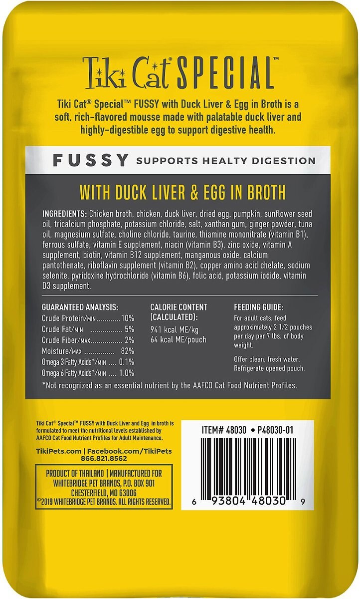 Tiki Cat Special Function Formula Fussy Duck Liver and Egg in Broth Wet Cat Food， 2.4-oz， case of 12