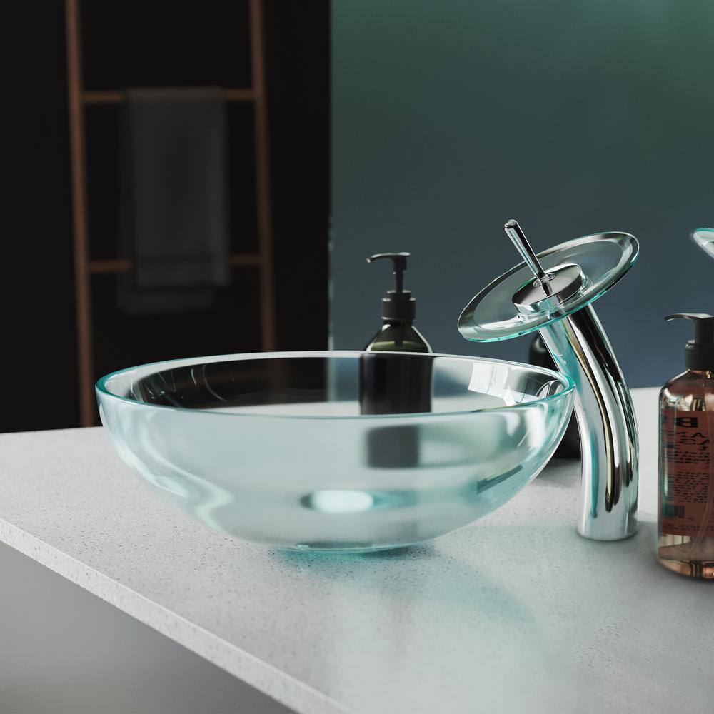 Swiss Madison Cascade Clear Round Glass Vessel Sink with Cascade Faucet SM-VSF251