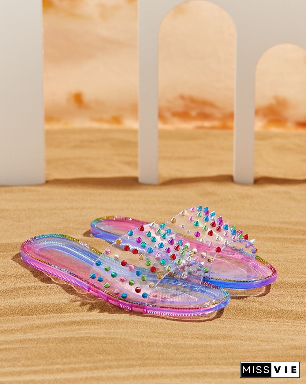 Colorful Rivet Clear Perspex Studded Slippers