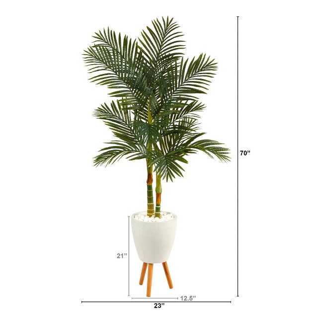 Nearly Natural 70-in Golden Cane Artificial Palm Tree In White Planter With Stand