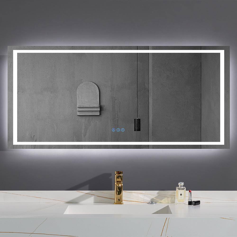 INSTER Luminous 72 in. W x 36 in. H Rectangular Frameless LED Mirror Dimmable Defogging Wall-Mounted Bathroom Vanity Mirror WSHDRMMR0040