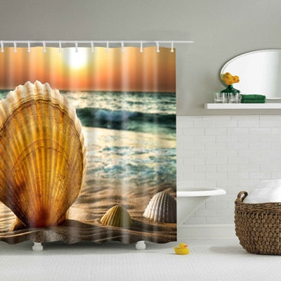 New Colorful Eco-friendly Beach Conch Starfish Shell Polyester  High Quality Washable Bath Decor Shower Curtains