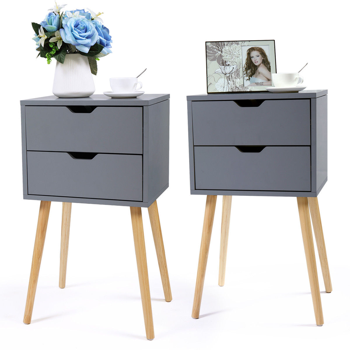 Veryke Night Stand Set of 2, Bedside Table, Side Table with 2 Drawers, Wood Leg Storage Cabinet, Side Table Nightstand Organizer for Bedroom, Gray