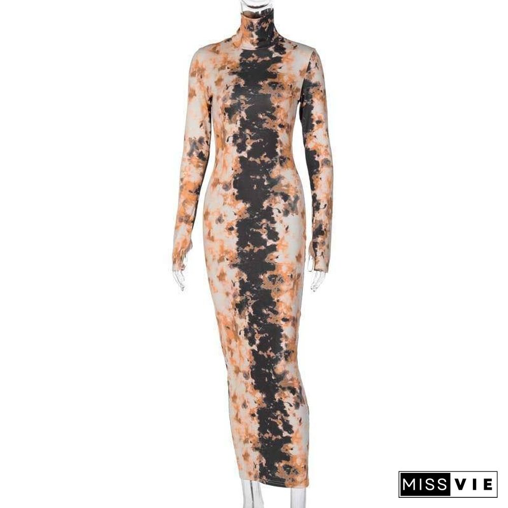 Sexy Snake Skin Long Maxi Dress Women High Neck Bodycon Sexy Club Dresses Ladies Tight Long Sleeve Robe Female