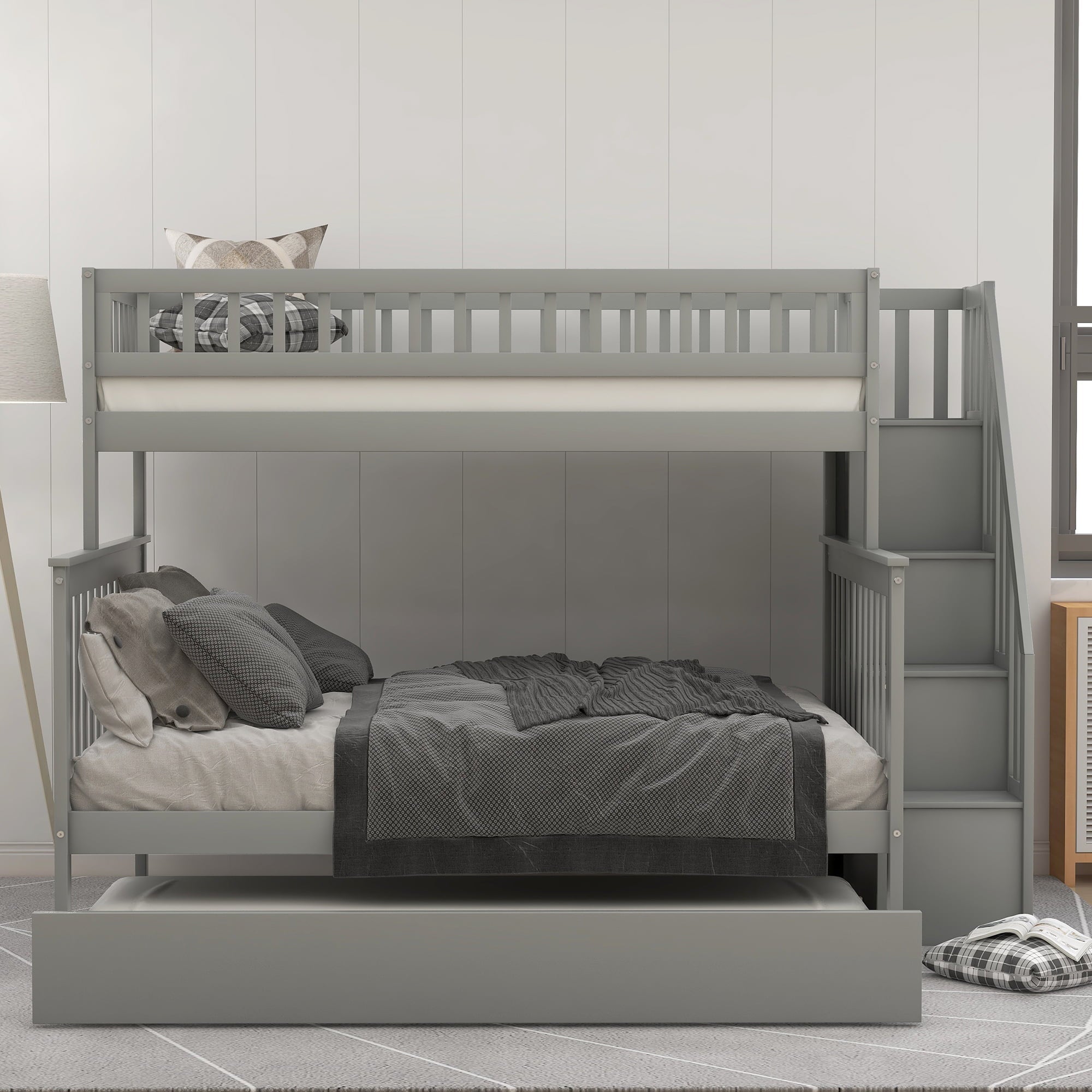 Euroco Twin Over Full Bunk Bed with Trundle and Stairs for Kids, Gray