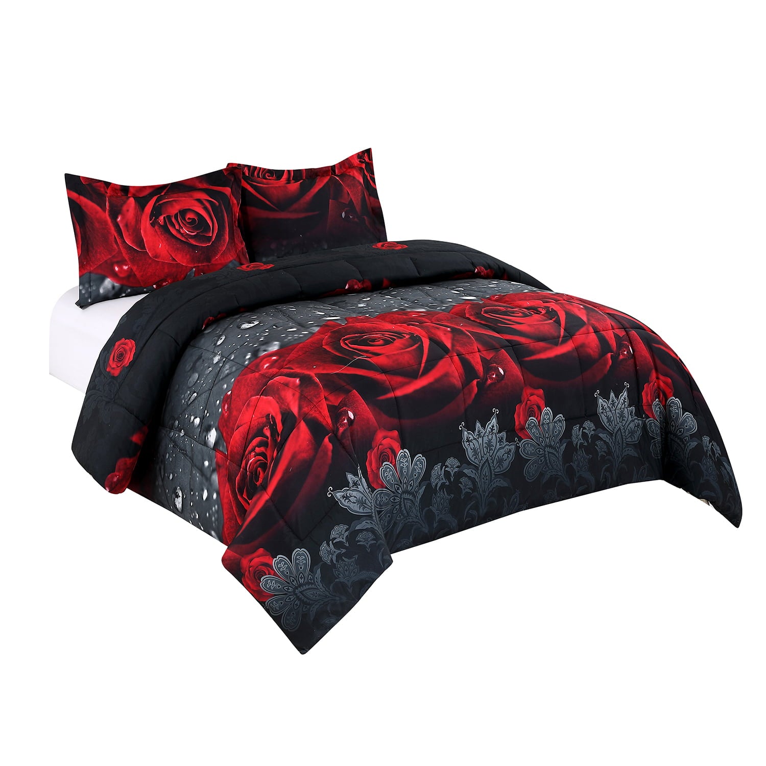 3 Piece 3D Rose Love Romantic Moment Printed Comforter Set Queen King Size (Y28) - Box Stitched， Soft， Breathable， Fade Resistant -Includes 1 Comforter， 2 Shams