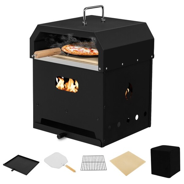 4-in-1 Outdoor Portable Pizza Oven with 12 Inch Pizza Stone - Black - 14