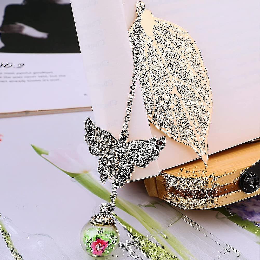 Exquisite Metal Leaf Bookmark. With 3d Butterfly And Glass Beads Eternal Dry